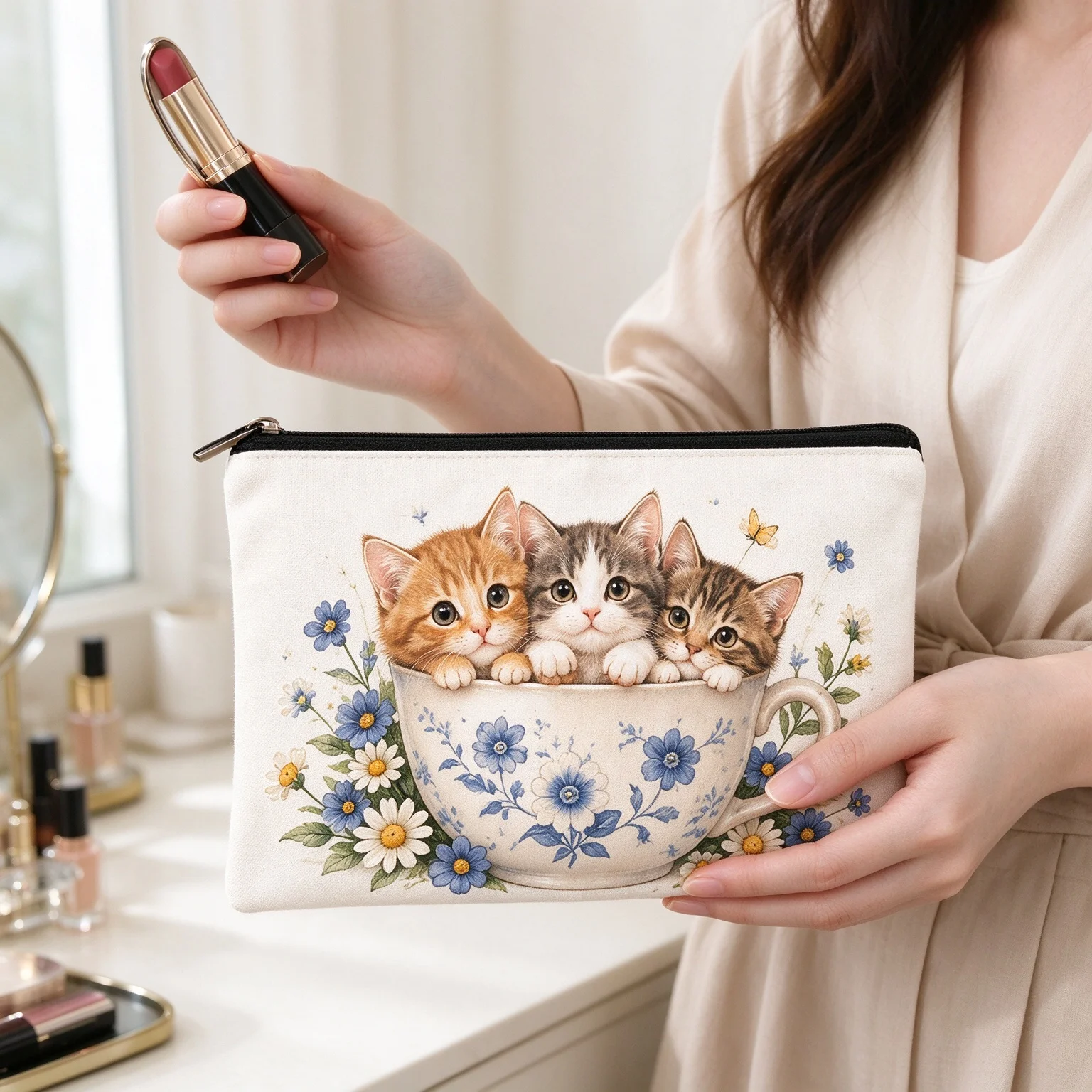 Cute Kittens In Teacup Cosmetic Bag Canvas Zipper Makeup Pouch Travel Storage Organizer for Women Girls Gift
