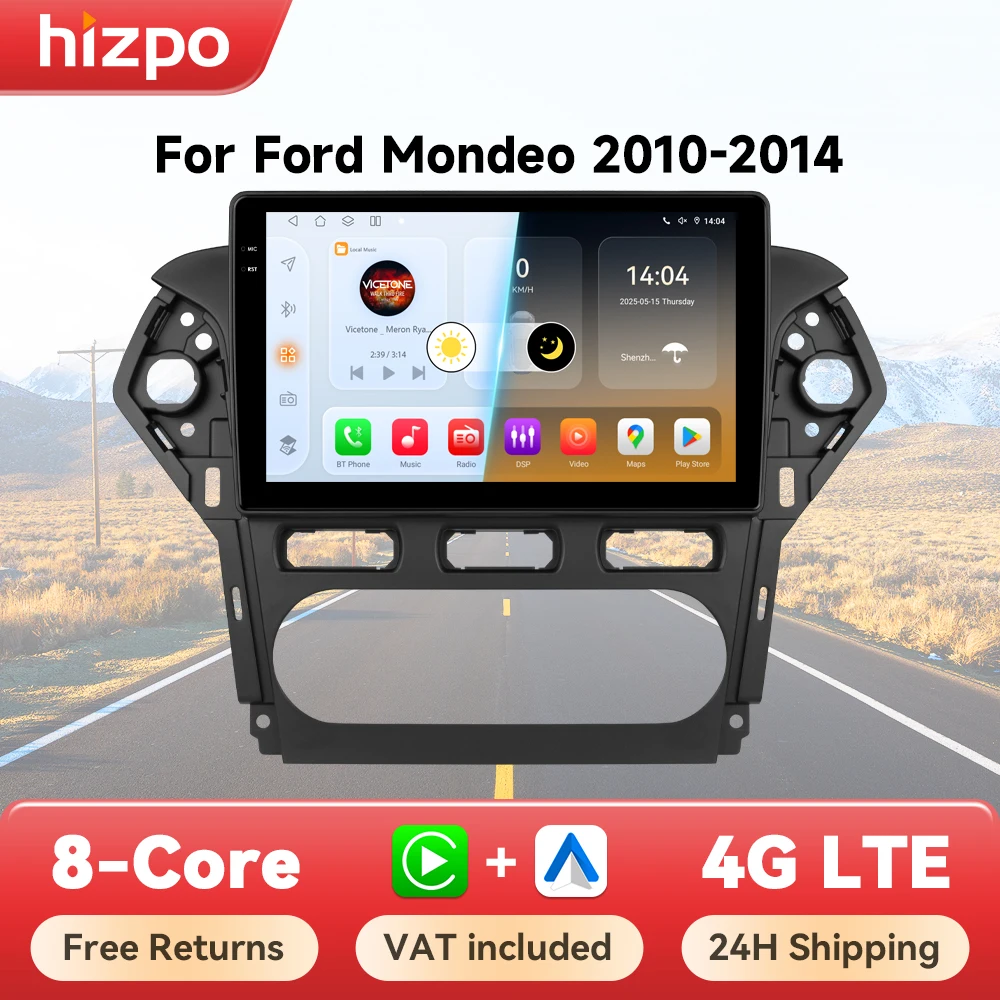 Hizpo Android 14 10,1 Zoll Autoradio GPS für Ford Mondeo 2010-2014 Multimedia 8G+128G Multimedia-Player DSP WIFI Kein 2-DIN 2din DVD