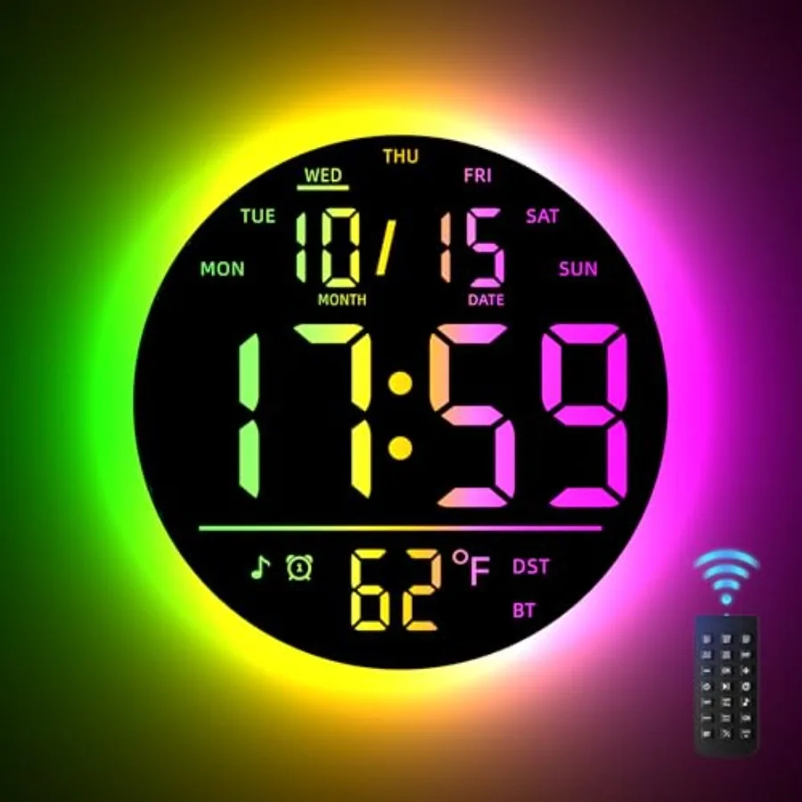 

Large Digital Wall Clock with Remote Control, Music Sync RGB Atmosphere Light, Low-Reflectivity, Temperature, LED Display, Dual