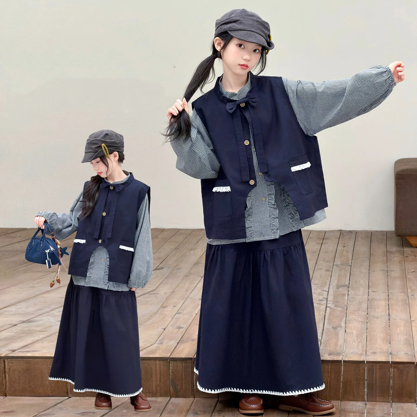 Spring Autumn Girls Suits Kids Clothes Stylish Long Sleeve Plaid Blouse + Bow Vest + Skirt 3Pcs Children Set Teens Girl Outfits