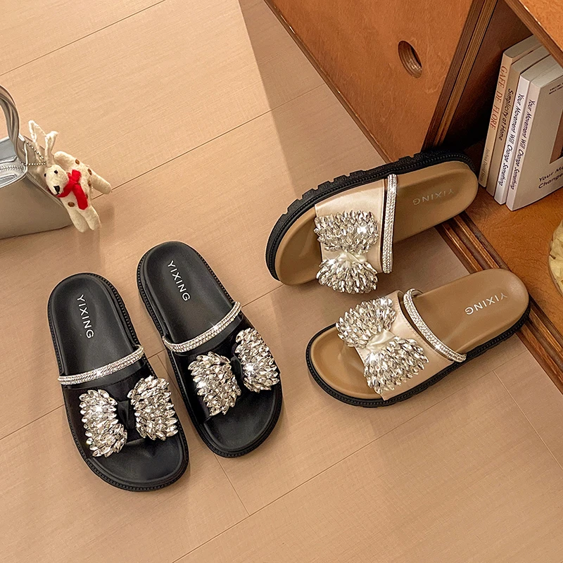 

Модные женские шлепанцы с дизайном из страз, удобные туфли на платформе, повседневные пляжные шлепанцы с цветочным узором для женщин 547588