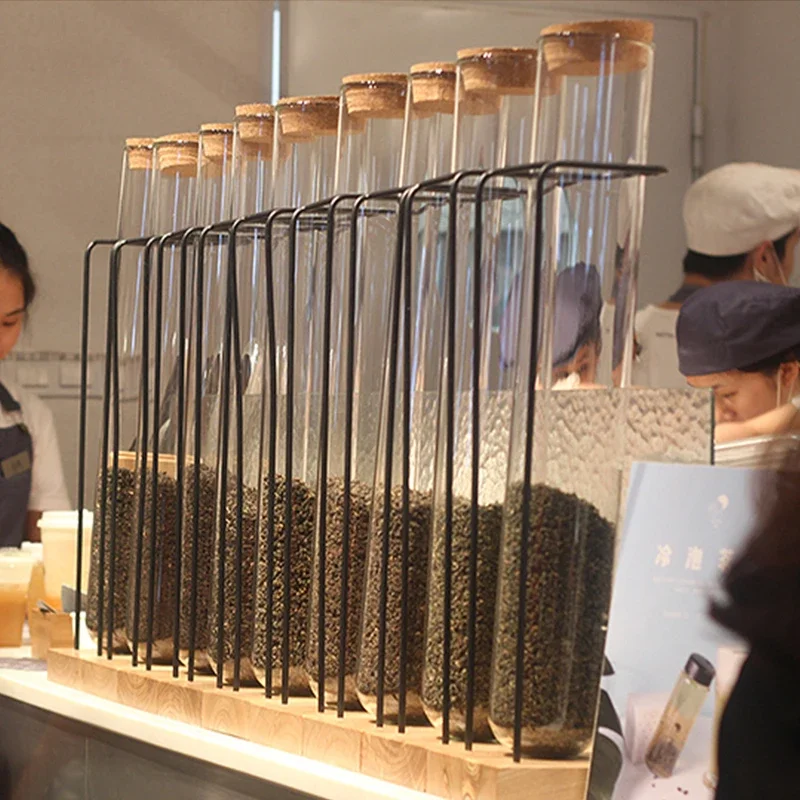 Boîtes de rangement en verre pour thé au lait, présentoirs à thé, étagères en fer, boîtes de grains de café, présentoirs de comptoir de bar