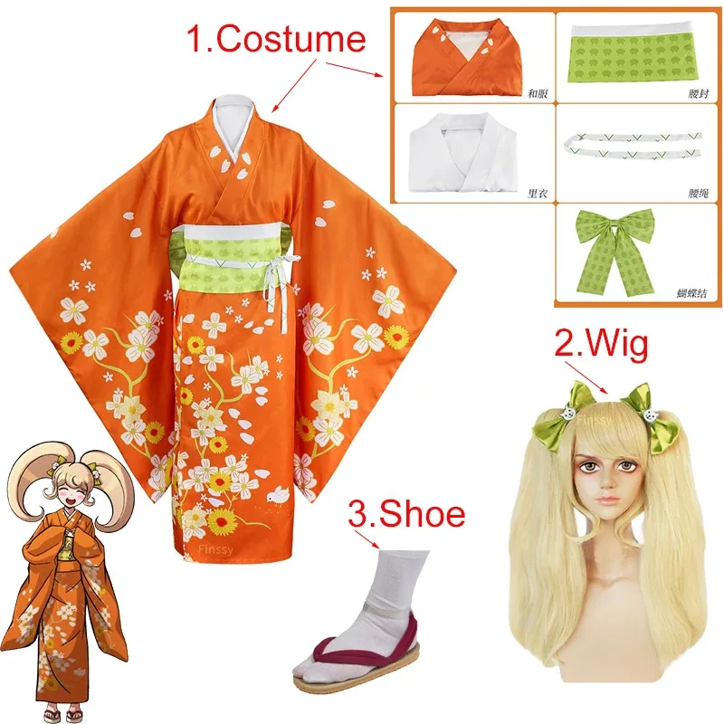 

Anime Danganronpa Saionji Hiyoko Cosplay Costume Women's Festival Kimono Double Ponytail Wig Bow Headdress