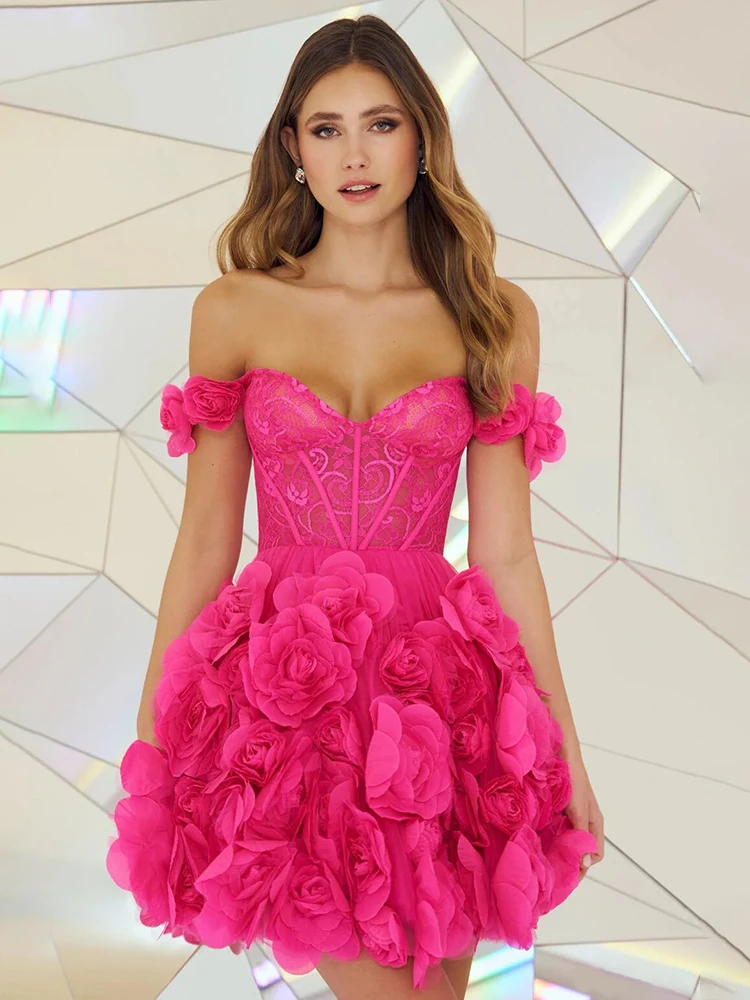 VC Cocktail Party Dresses For Women Elegant And Pretty 3D Flower Off The Shoulder Prom Short A-Line Dress Summer 2024