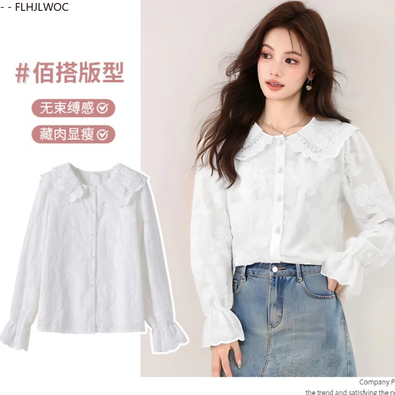 Podstawowe Koszule Bluzki Gorąca Wyprzedaż Jesień 2025 Damskie Eleganckie Koreański Styl Preppy Rozkloszowane Rękawy Kołnierzyk Peter Pan Biała Koszula na Guziki z Koronką