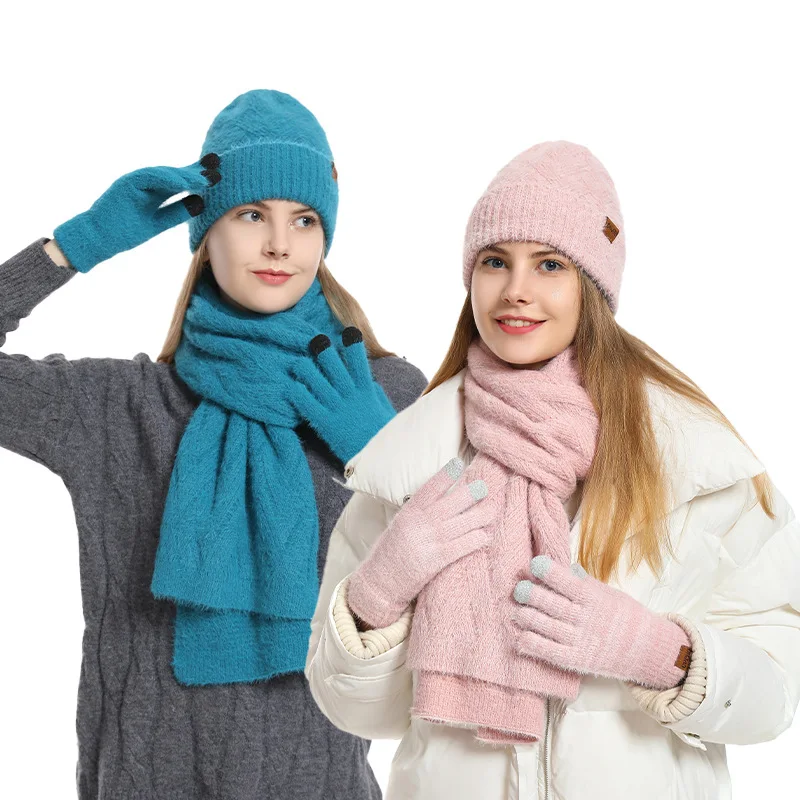 Roupas femininas elegantes e bonitas de inverno, chapéu de proteção de ouvido quente e resistente ao frio, cachecol, luvas, conjunto de três peças