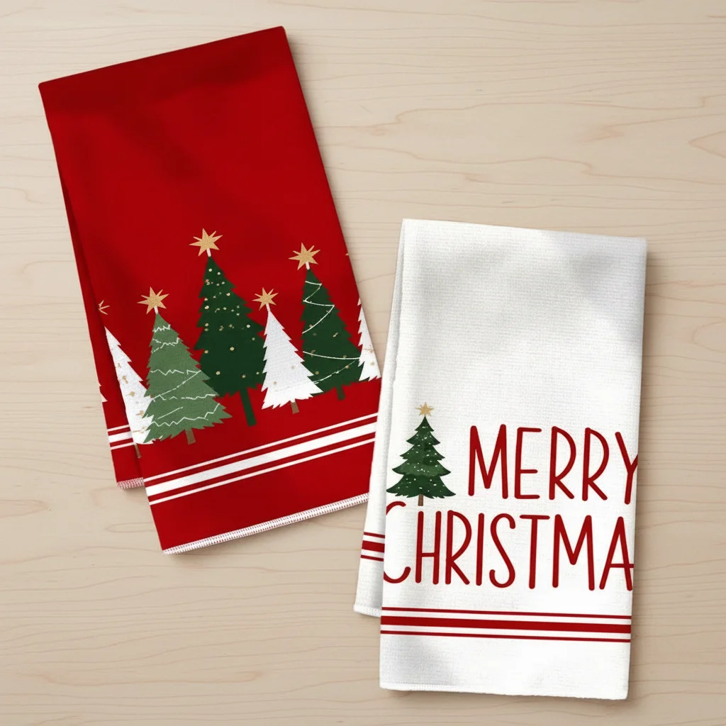 Towel Star Christmas Tree Pattern 2PCS  Merry Christmas Kitchen Towel Fade-resistant Water-absorbent Dish Washing Cloth Washable