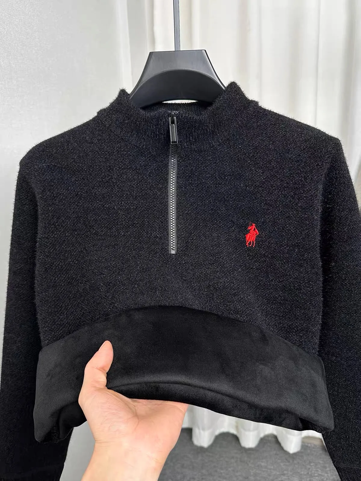 High end zipper stand up collar sweater men's winter new fashion designer brand Paul logo embroidered velvet warm knit pullover