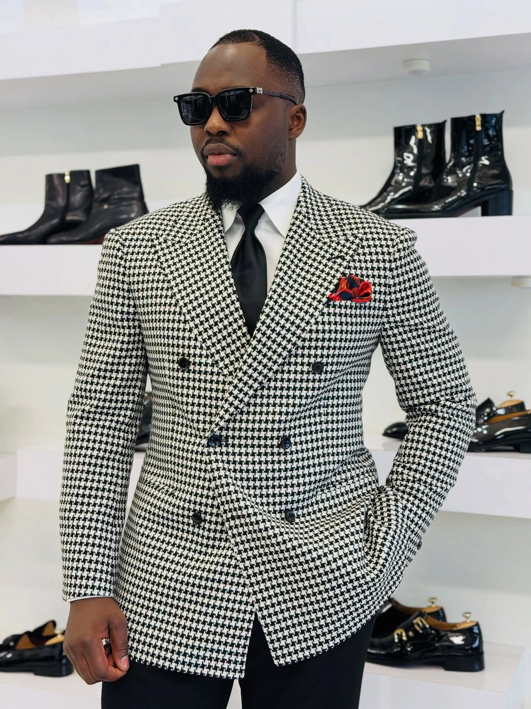 الشتاء Houndstooth و بدل زفاف للعريس بلغت ذروتها التلبيب مزدوجة الصدر البدلات الرسمية 2 قطعة سترة السراويل مساء مخصص #4