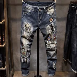 2024 Summer New Fashion Trend Printed Ripped Jeans Men's Casual Slim Comfortable Breathable High-Quality Denim Pants 28-36