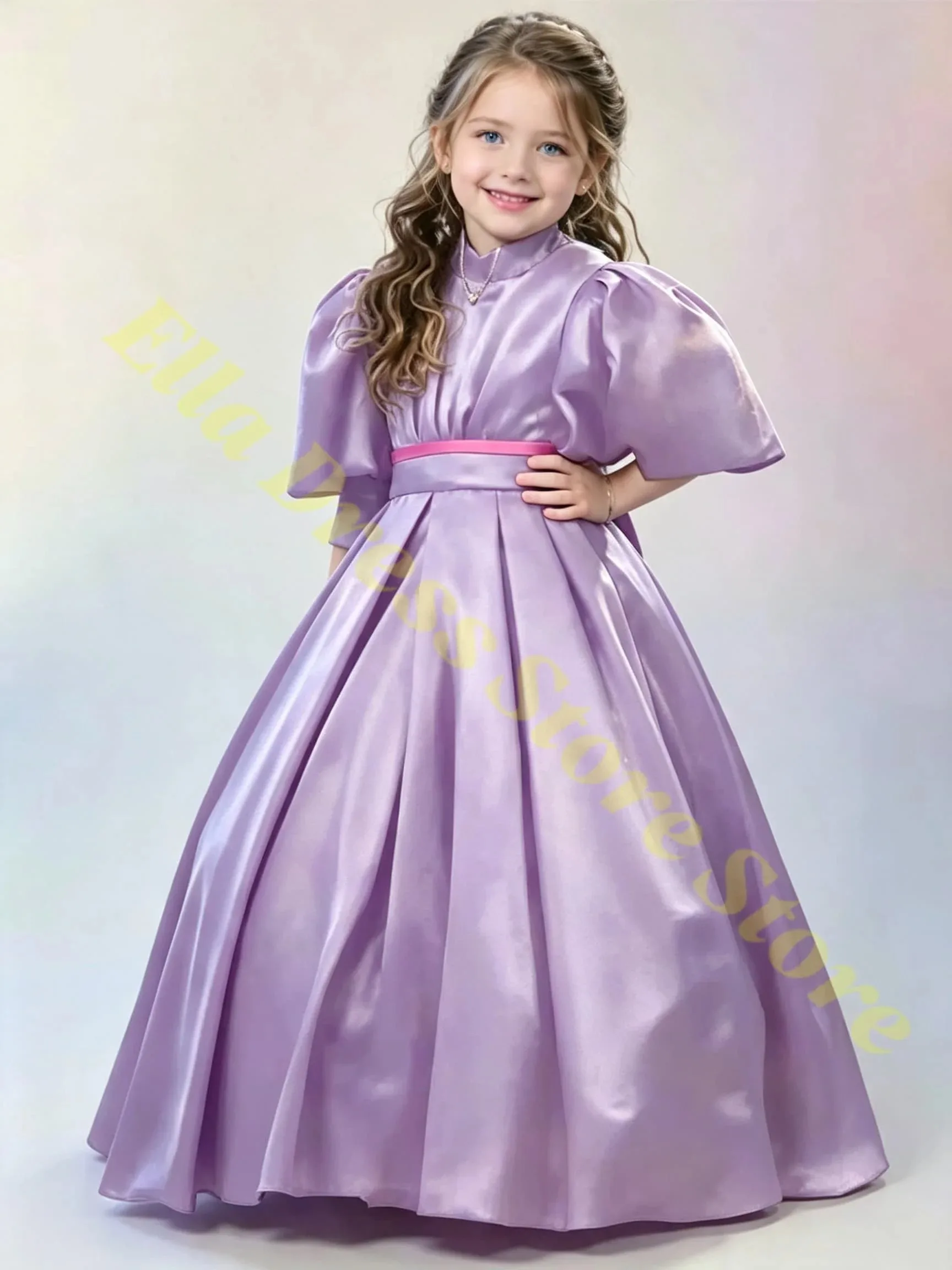 Großhandel Mädchenkleid Schwarzes Partykleid für Mädchen Puffärmel Drapierter Taft Blumenmädchenkleid Knöchellanges Kommunionkleid Maßanfertigung – Detail 3