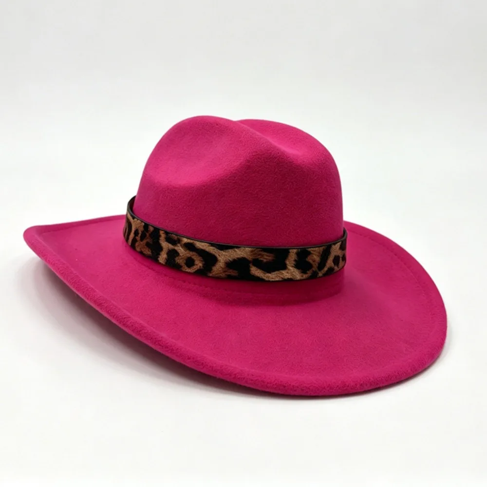 New Felt Fedora Hat Curved Brim Leopard Hat Band Western Cowboy Hat Unisex Vintage Style Dress Hat Men Women