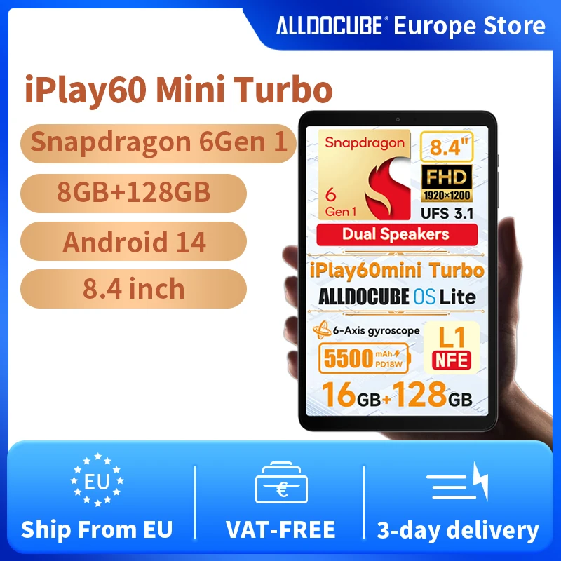Alldocube iPlay60 Mini Turbo 8.4 polegadas Snapdragon 6Gen 1 Tablet Android14 8GB + 8GB de memória virtual RAM + 128GB ROM Widevine L1