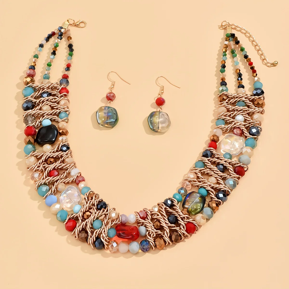 Colorful Artificial Crystal Beads Decor Dangle Earrings & Necklace Boho Elegant Style Holiday Vocation Accessories Jewelry Set