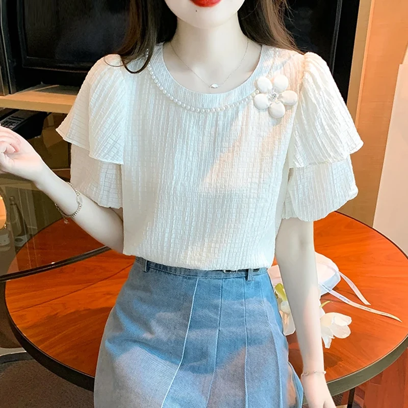 Fashion Short Sleeve O-Neck Women Blouse Casual Beading Chiffon Blouse Shirt Women Tops  Blusas Mujer De Moda 2024 Verano J628