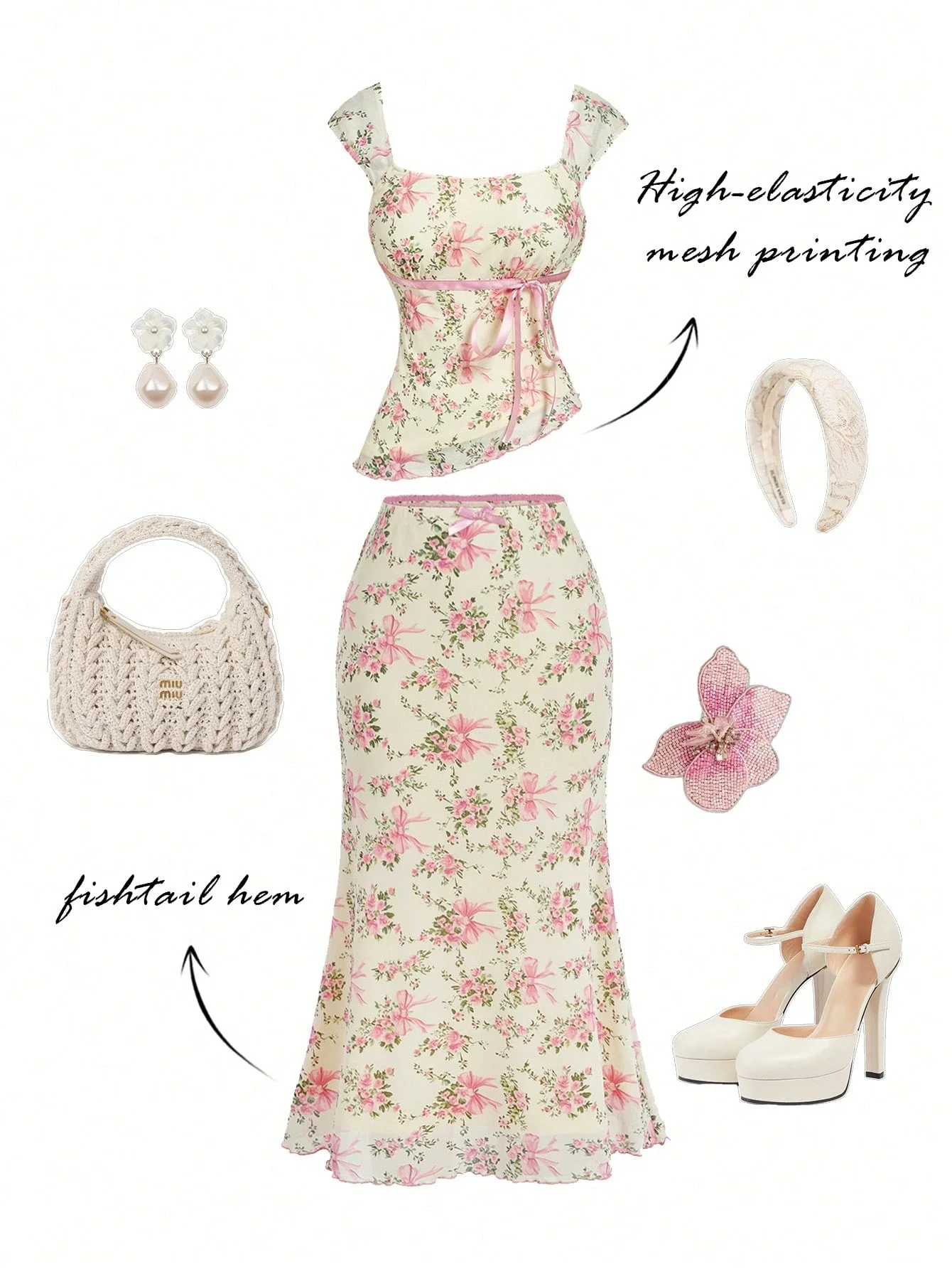 

Floral Two Piece Set: Asymmetric Hem Top & Mermaid Skirt For Summer Vacation Date Party