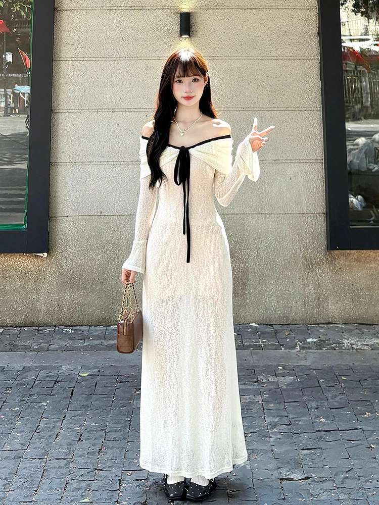 Ele Knitted Long Sve One oulder Dr Women's Early Autumn Elastic Slim Fit Bodycon Long Dr Polyester Fiber High ...