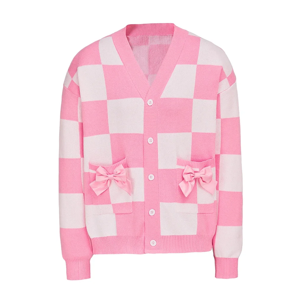 Margot Robbie Cosplay Costume Knitted Cardigan Women Pink Jacquard Sweater Jacket Coat New Top Halloween Outfit