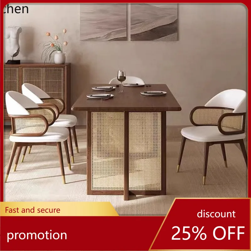 

LXC Rattan Dining Table Restaurant Cafe Table and Chair Set Solid Wood Dining Table with Soft Cushion Armchair
