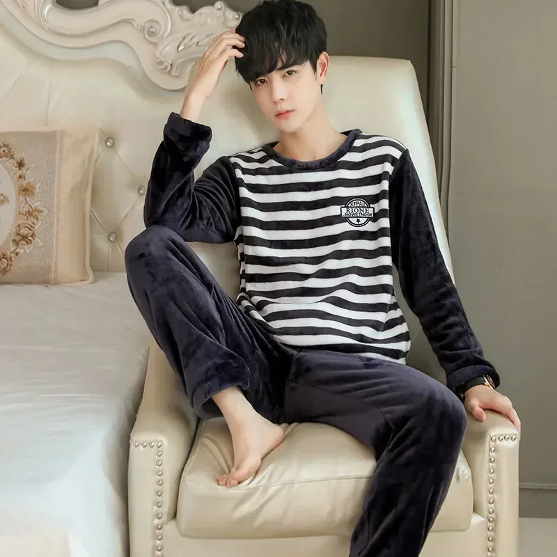 Set Coral Thickened Flannel Winter Sleepwear Sets Sleeve Pajamas Warm Cartoon Nightwear Lounge Fleece Men For Men's Long