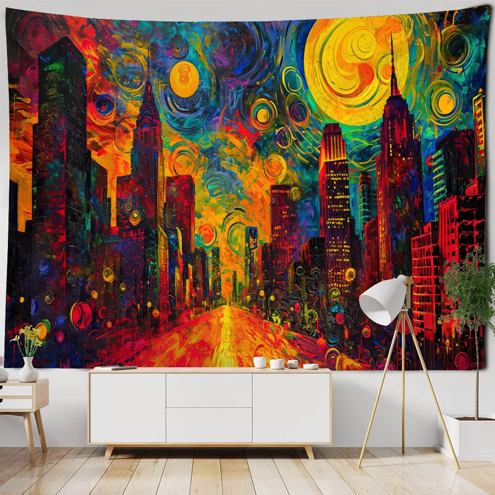 

Fantasy City Starry Sky Oil Painting Tapestry Wall Hanging Home Background Cloth Bohemian Living Room Bedroom Decoration