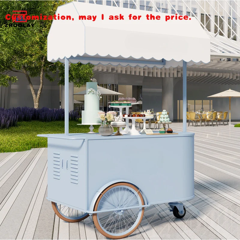custom.Portable Street Food Stand Mobile Market Stall Cart Outdoor Snack Display Rack Business Metal Shop With Wheels Sweets Sal