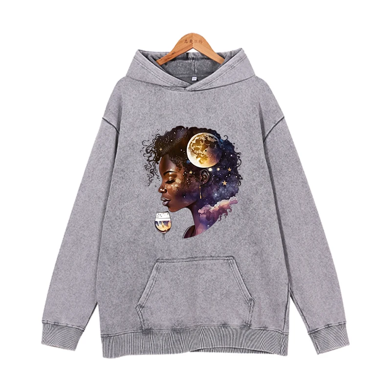 Beautiful Black Women's Hoodies with Moon Red Wine, Round Neck Loose Y2k Clothes, Men's and Women's Hoodies