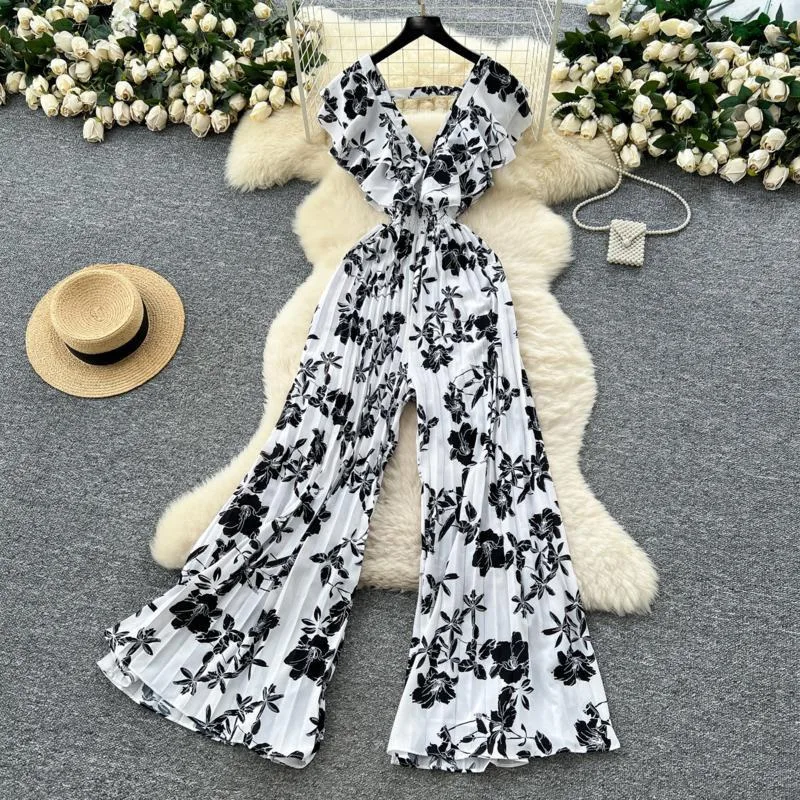 HKSH Estate Nuove Donne Alla Moda High Street Vintage Ruffles Profondo Scollo A V Vita Cinching Pieghettato Stampato Chic Flare Tuta HK7646