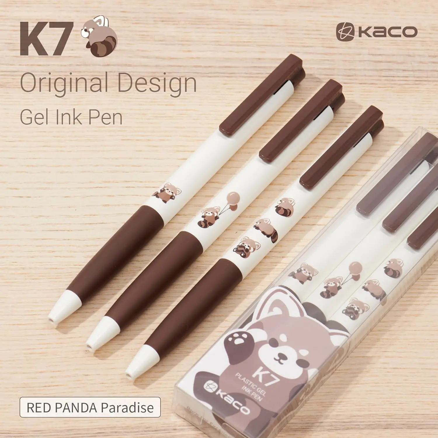 Kaco K7 Gel Pen Cute Stationery, 0.5mm Fine Nib, Black Ink Panda Pen (Big Panda and Red Panda - 6 Pieces)