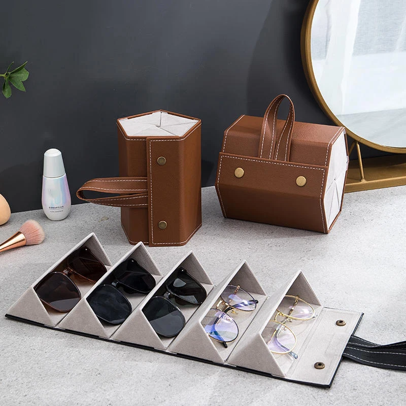 5/3 Slots Travel Glasses Case, Foldable Hanging Glasses Sunglasses Storage Rack Organizer, Pu Leather Eyewear Holder Minimalist