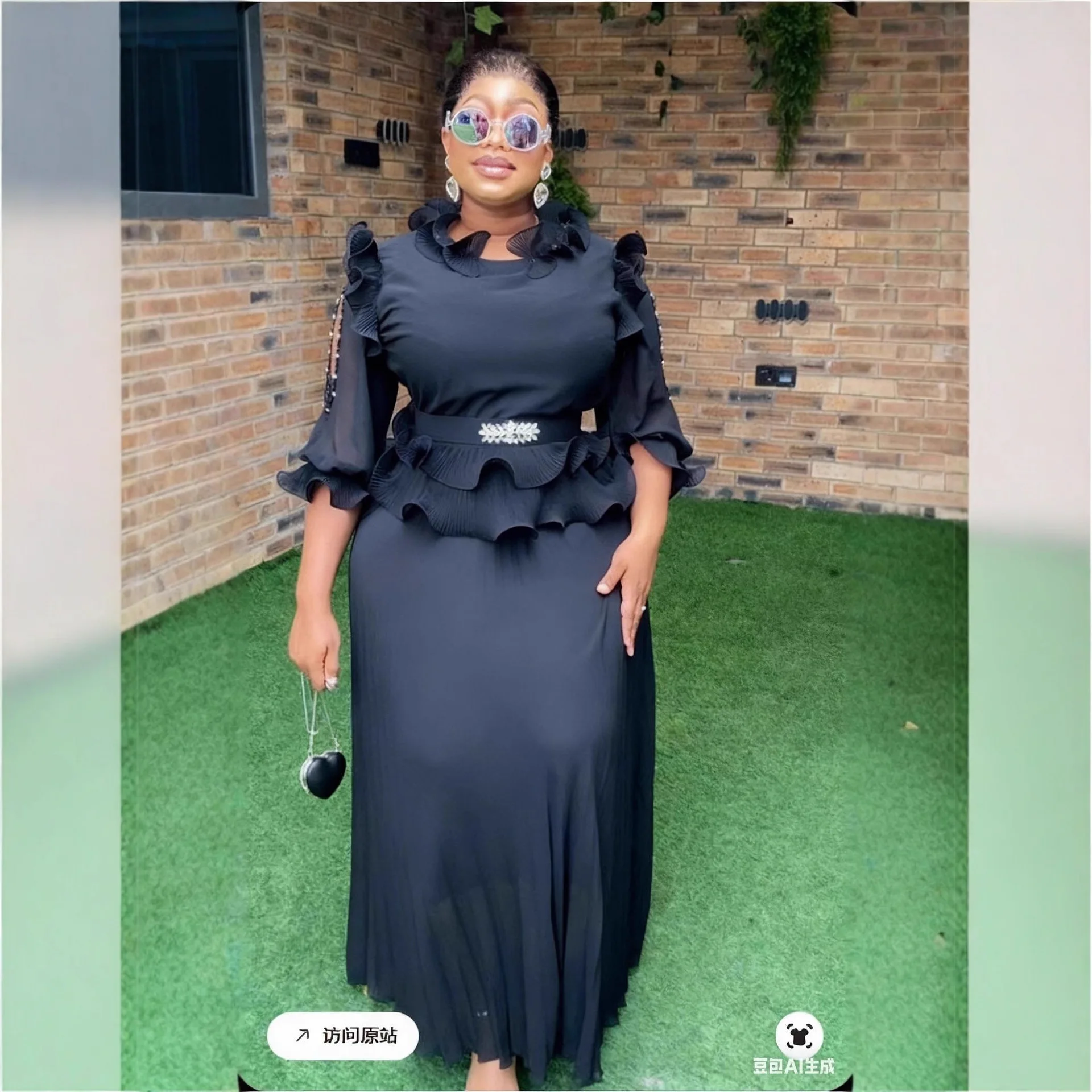 

Plus Size Women's Black Ruffled Waist Dress Slimming Mesh Sleeve Long Dress for Plus Size Women Party Dress Elegantes Casual Y2k