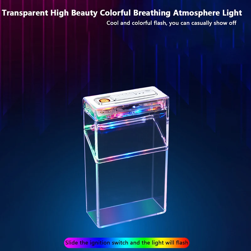 1 Pc Transparent LED Lantern Cigarette Case USB Lighter Thick Smoke Whole Pack Sealed And Moisture-proof  Box