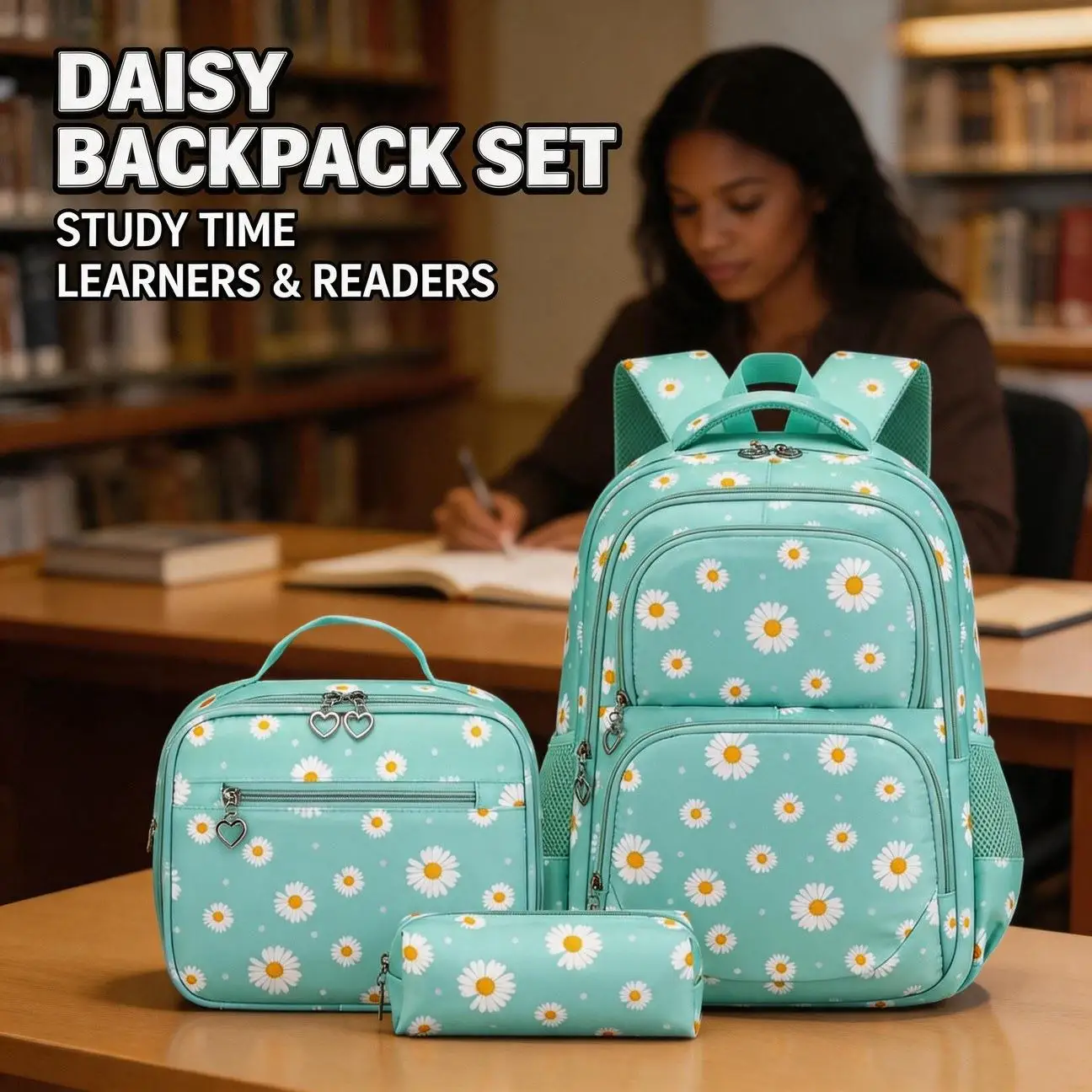 Student Daisy 3-Piece Set Bag Large Capacity Backpack College Style Lightweight Fashion Multi Compartment Multi Pocket