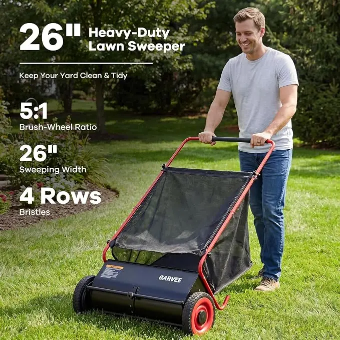 26-Inch Push Lawn Sweeper, Heavy Duty Leaf Sweeper with 4 Brushes & Bag, Adjustable Height Steel Frame Leaf,Manual Yard Sweeper for Collector for Yard, Lawn, Garden, Patio