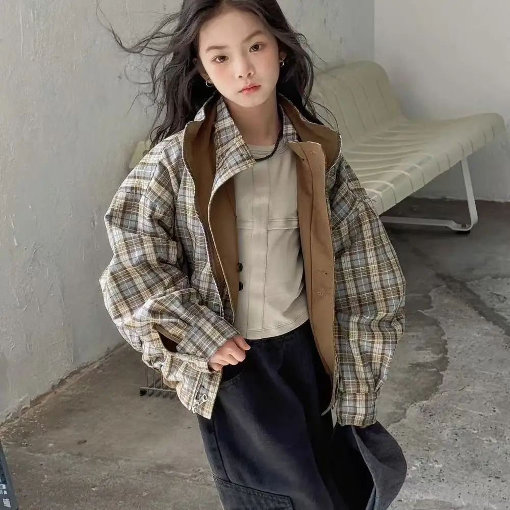 2026 New Girls' Spring Children's Plaid Spliced Jacket Medium and Large Boys and Girls' Windbreaker Jacket Autumn Clothes