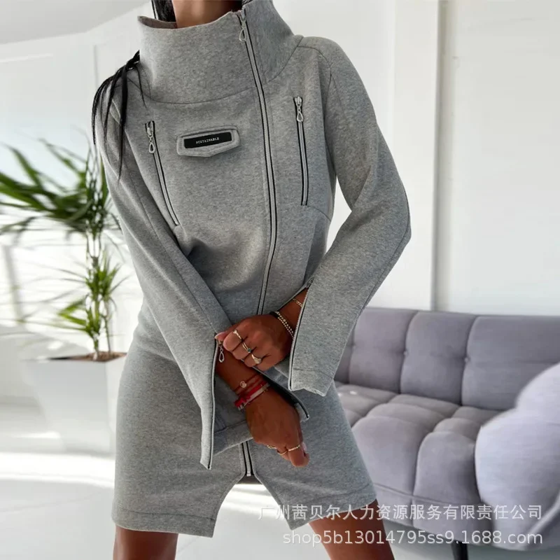 

High Neck Zipper Casual Dress Women Gray Sweatershirt Dresses A Line Y2k Casual Vestidos Elegant Bohemian Spring Autumn 2024