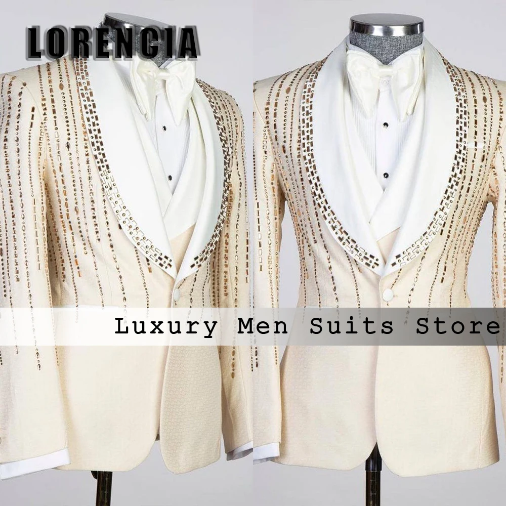 

Casual Rhinestone Suits for Male 3 Pieces Tuxedos Shawl Collar Wedding Party Outfit Customized Blazer Pants Vest fatos de homem