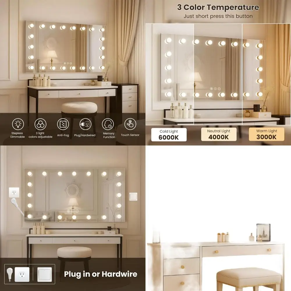Espejo LED de pared de 40x28 pulgadas con 3 temperaturas de color, luces regulables, antivaho y inastillable