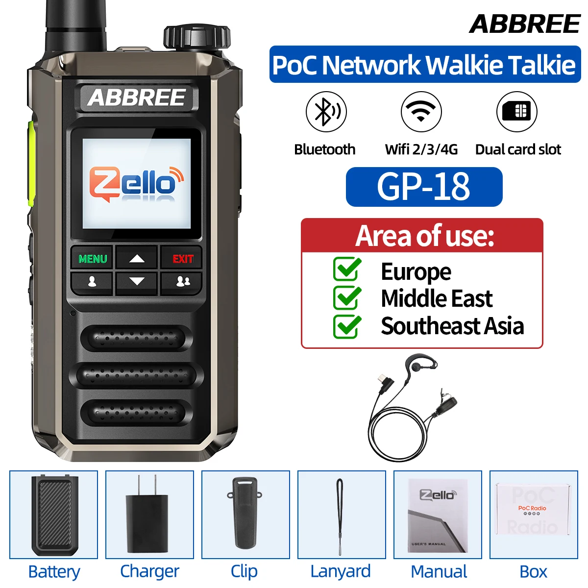 ABBREE GP-18 Zello PoC Radio Global Onbeperkt Afstand Dual Sim-kaartsleuven Android Bluetooth Zaklamp WIFI 3G /4G Netwerk Radio