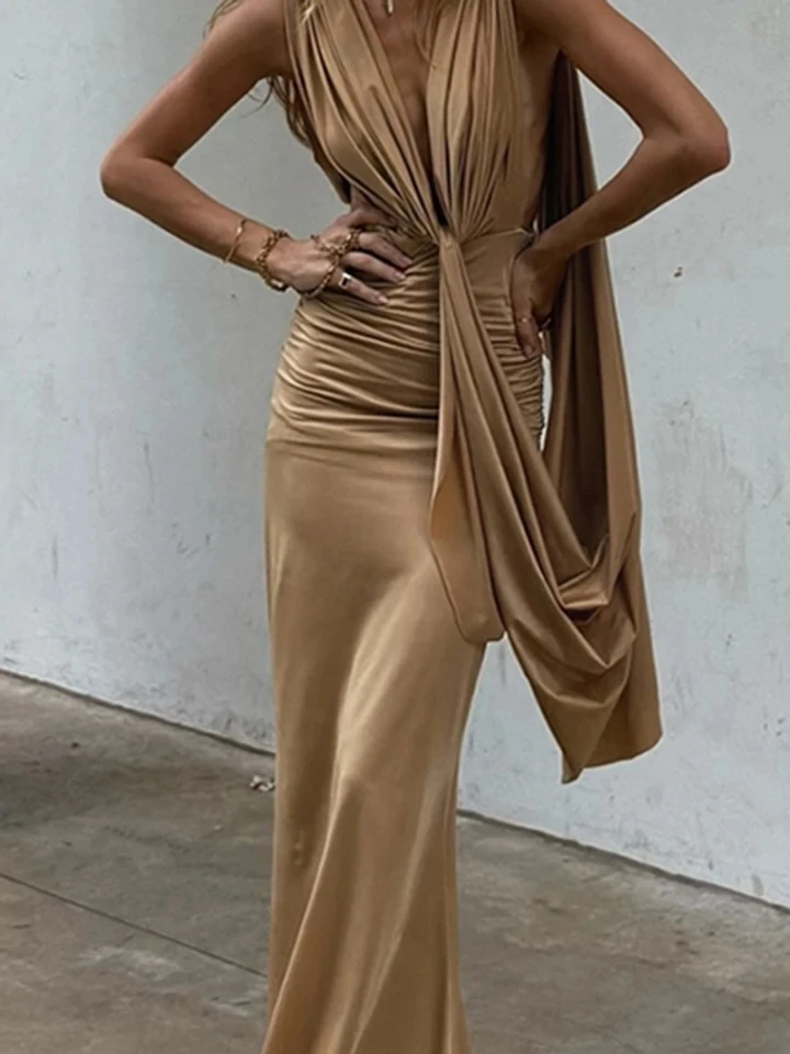 

Sexy Hollow Out Sleeveless Slim Banquet Dress Summer New Solid Color Party Maxi Dress Fashion Ribbon Ruched Deep V Evening Dress