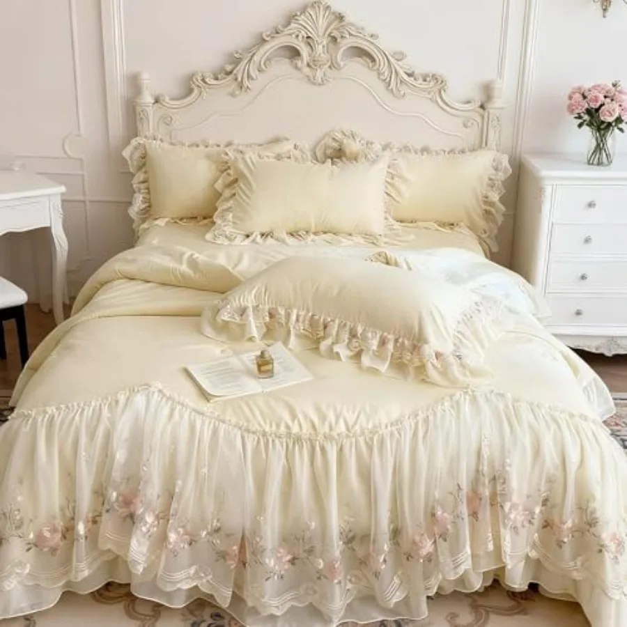 

French Chic Bedding Set 4-Piece - Romantic Lace Trim Washed Cotton, Duvet Cover with Bed Skirt and Pillowcases for Queen Bed, P