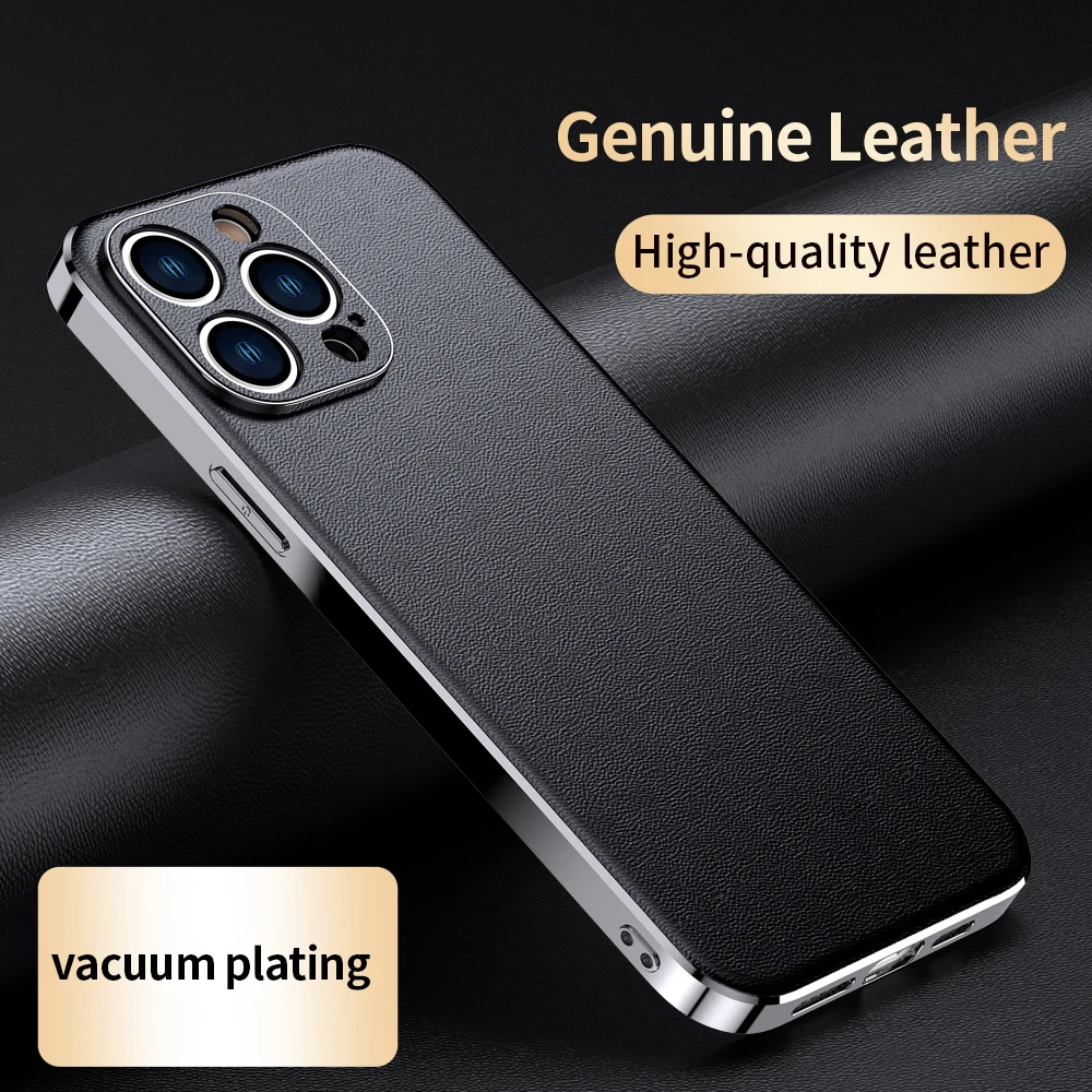 Genuine Cowhide Leather Phone Case for iPhone 17 16 15 14 12 13 Pro Max Air 14 Plus Luxury Shockproof Lens Protection Cover