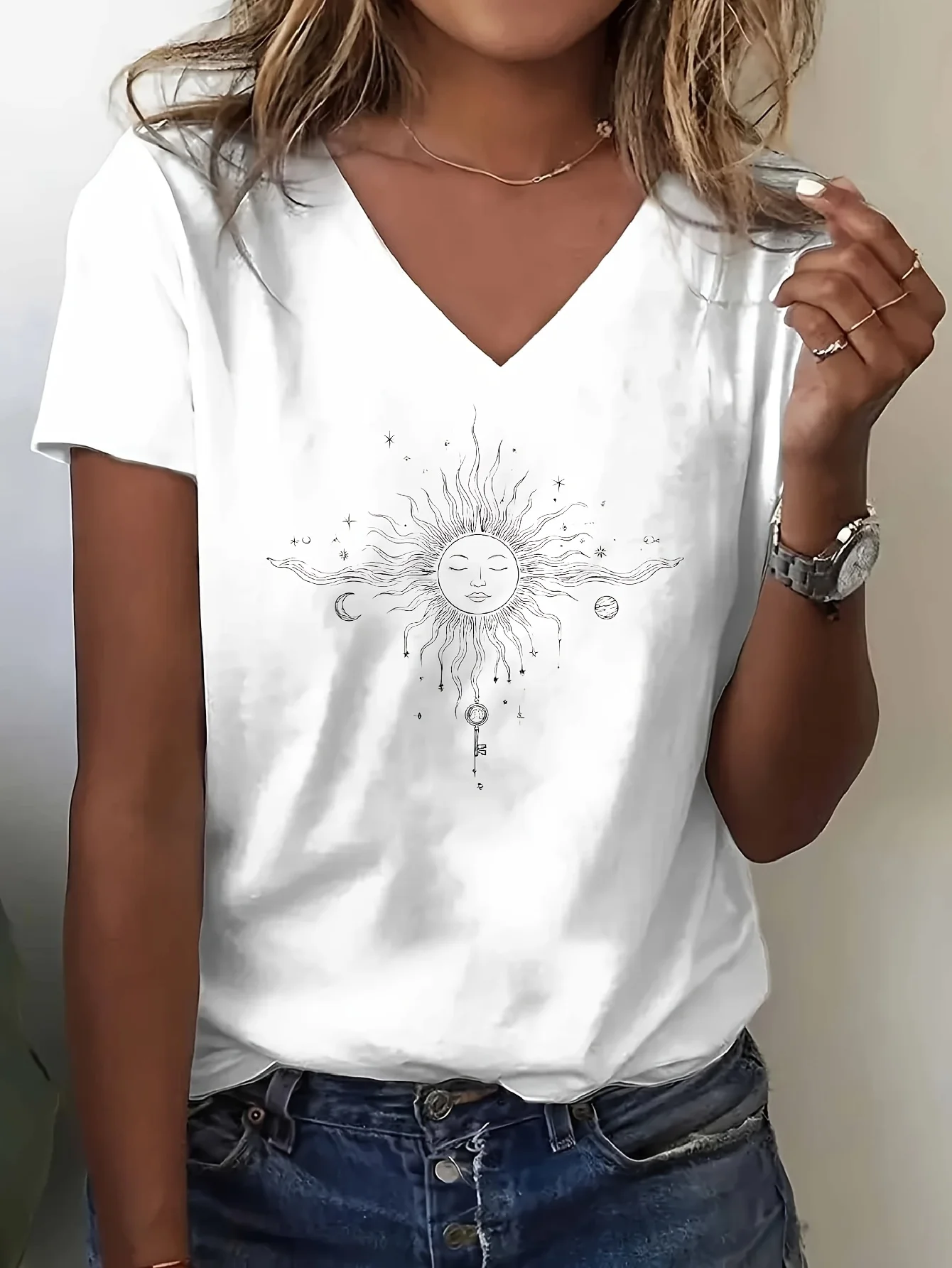Bohemian Sun Moon Key Printed T-Shirt, Ideal for Home, Out or Gifts | Ideal for Birthday Gifts, Valentine's Day, etc