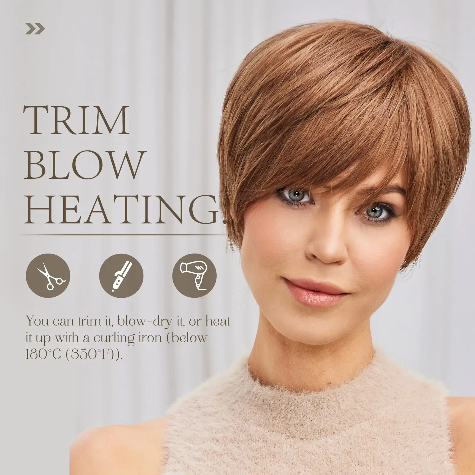 Golden Brown Short Bob Human Hair Wigs Pixie Cut Straight Layered Wigs with Bangs for Women Natural Human Hair Machine Made Wig