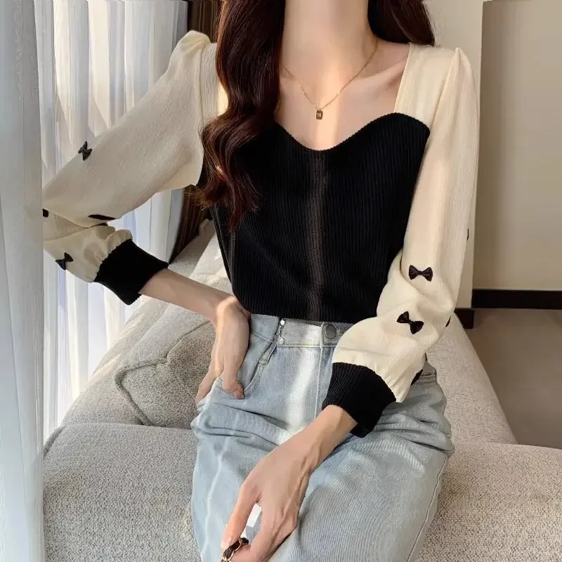 

Fashion Square Collar Spliced Bow Puff Sleeve Blouses Women's Clothing 2024 Spring New Loose All-match Tops Casual Shirts