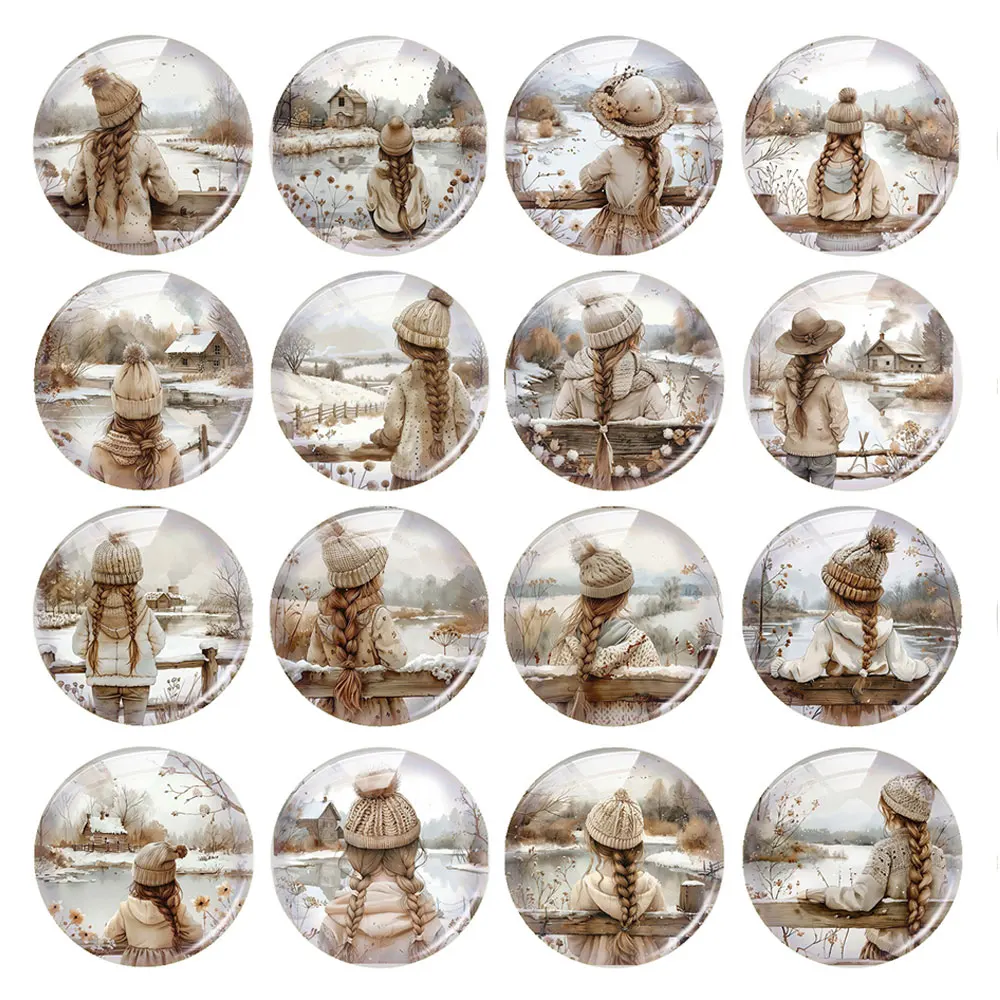 Random Mixed Round/Oval/Square Winter Snow Braid Girl Landscape Photo Glass Cabochon Flatback Demo Cameo For Diy Jewelry Making