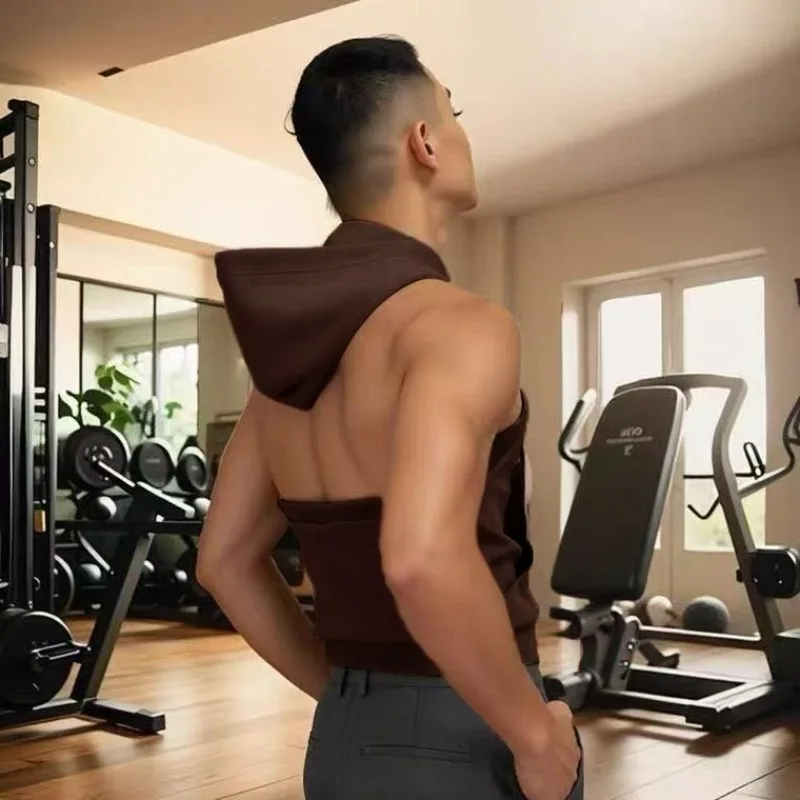 Unisex Backless Hooded Sleeveless Hoodie Tank Top Short Slim Fit Elastic Zipper Sporty Vest Gray Green Athletic Gym Workout