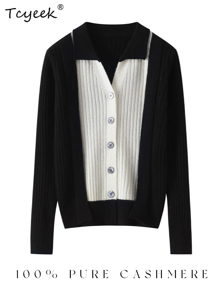 

Tcyeek, 12G 100% Cashmere Elegant Cardigans, Women Lapel Patchwork, Casual Fashion Thick Sweater Coat, Autumn Winter C487110QM