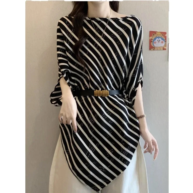 Wiosna Lato Duży Rozmiar Szyfonowa Koszula Damska 2025 Nowa Moda Luźna Codzienna Koszula w Paski z Paskiem w Talii Elegancka Bluzka Damska