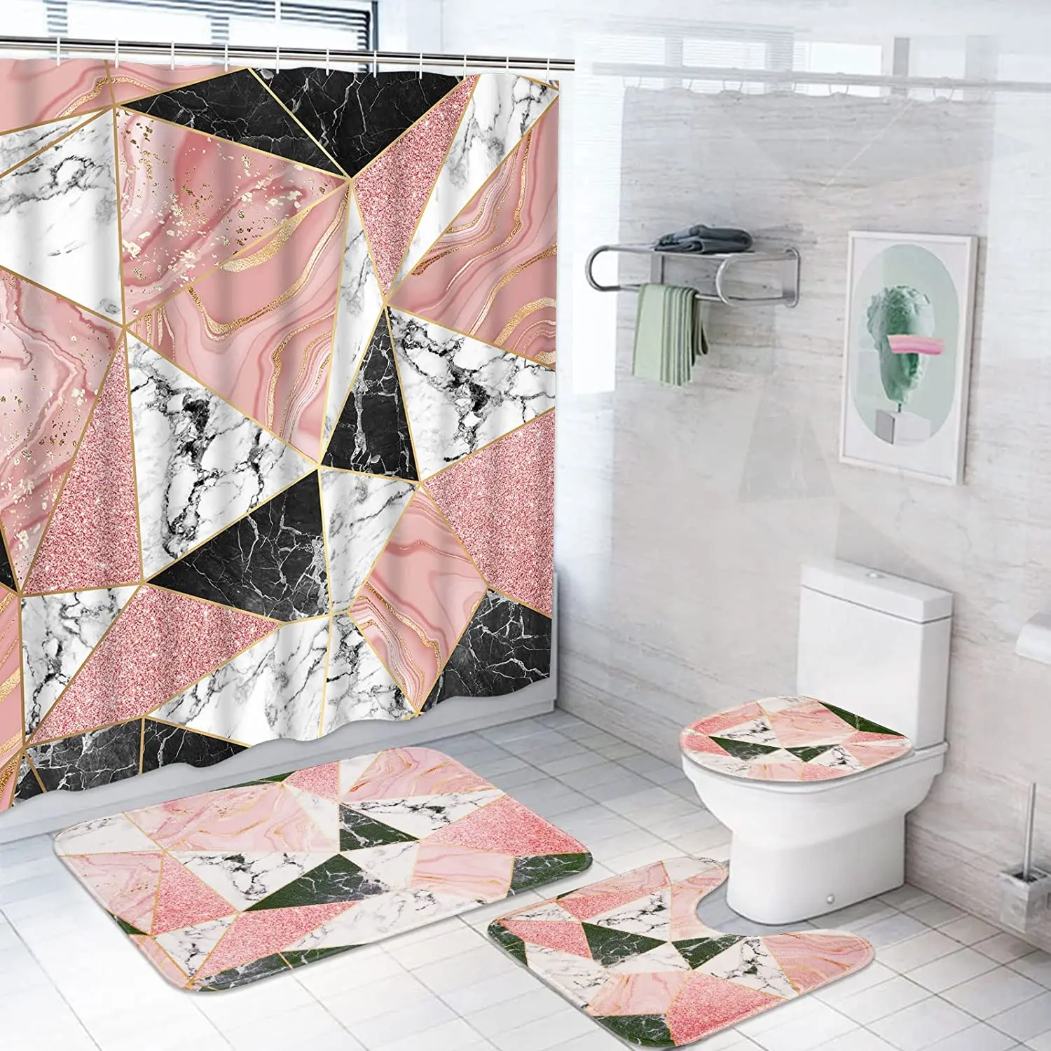 Flash rosa mármore cortinas de chuveiro decoração brilhante para banheiro tecido poliéster decorativo tela banho capa toalete tapete wc conjuntos